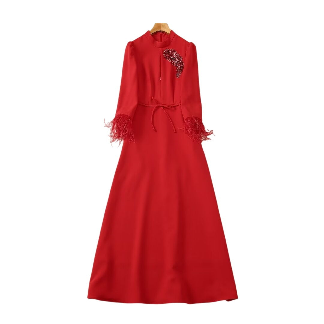 Stand Collar Ostrich Dress