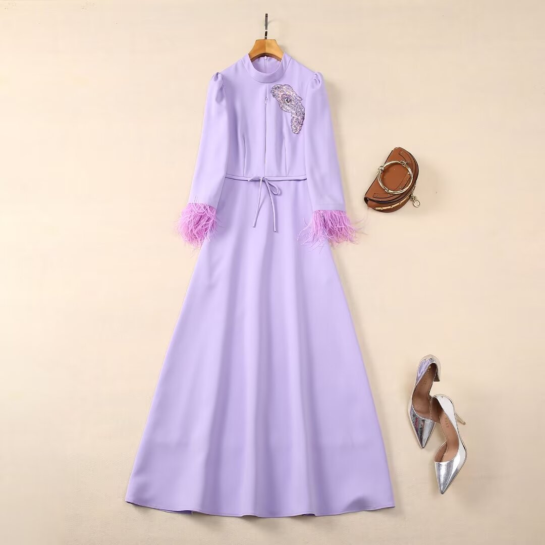 Stand Collar Ostrich Dress