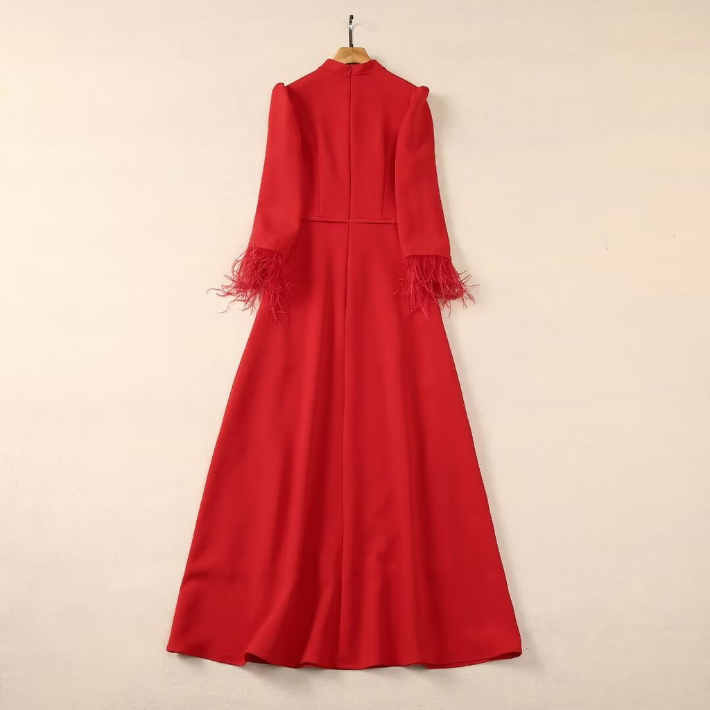 Stand Collar Ostrich Dress