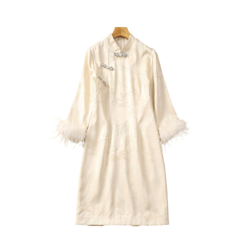 Women's Feather Three-Quarter Dress — Romantic Dress for Date Night and Dinner